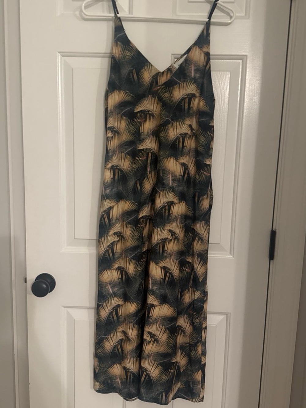 Sam & Lavi Palm-Print Sleeveless V-Neck Jumpsuit in Black and Beige